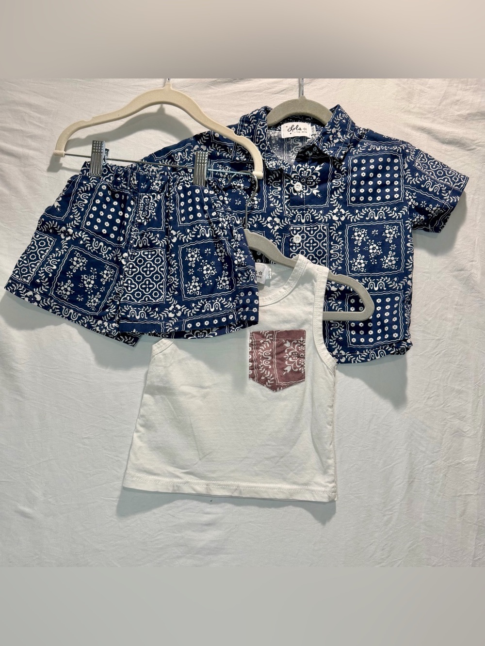 lola Navy Bandana Print Shirt & Shorts with White Tank and Maroon Pocket